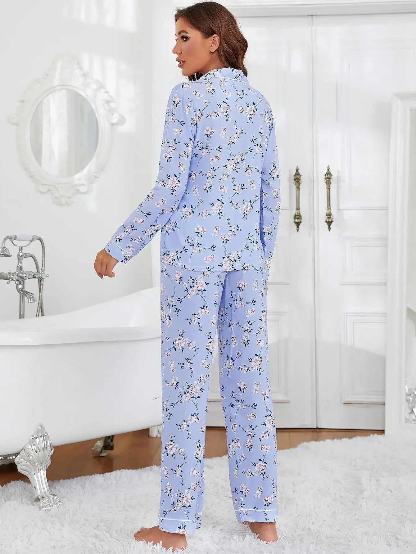 Sleepwear- Blue Blossom Full-Length PJ’s Set – Floral Print- - IndioGear Women Clothing