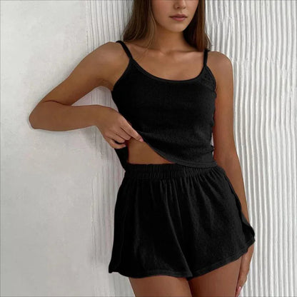 Sleepwear- Calm Nights Crop & Shorts Sleepwear Matching Set- Black- IndioGear Women Clothing