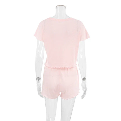 Sleepwear- Chic Pink Pajama Set with Scalloped Edges- - IndioGear Women Clothing