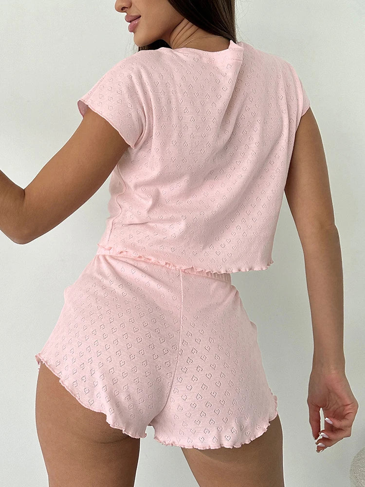 Sleepwear- Chic Pink Pajama Set with Scalloped Edges- - IndioGear Women Clothing