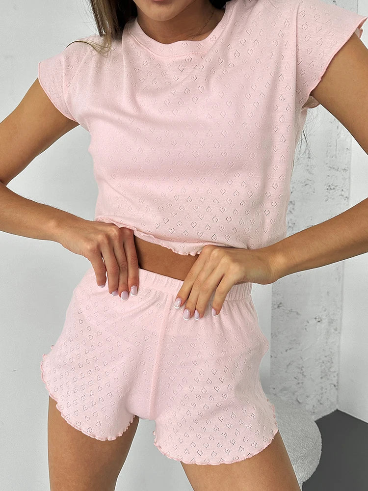 Sleepwear- Chic Pink Pajama Set with Scalloped Edges- - IndioGear Women Clothing