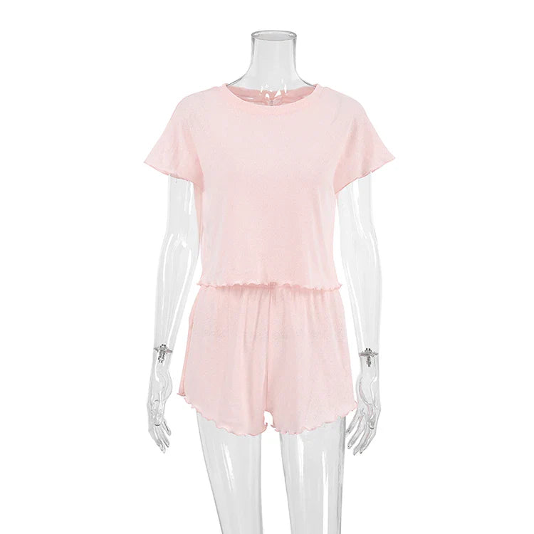 Sleepwear- Chic Pink Pajama Set with Scalloped Edges- - IndioGear Women Clothing