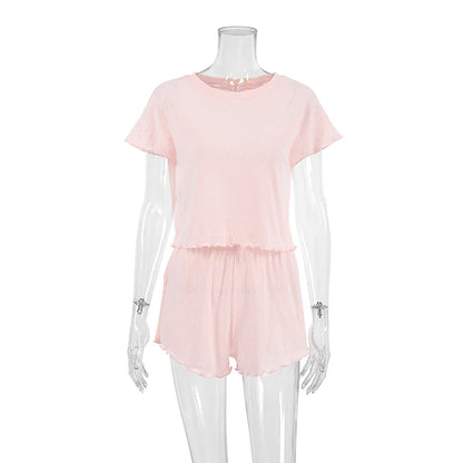 Sleepwear- Chic Pink Pajama Set with Scalloped Edges- - IndioGear Women Clothing