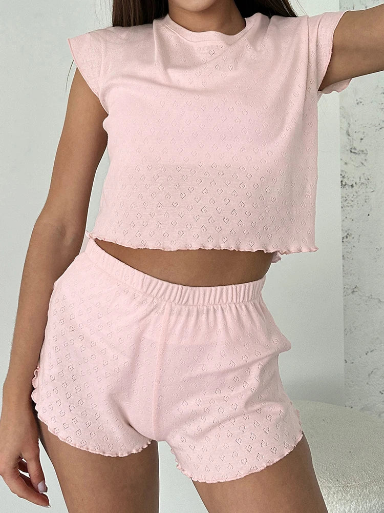 Sleepwear- Chic Pink Pajama Set with Scalloped Edges- Pink- IndioGear Women Clothing