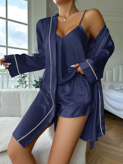 Sleepwear- Elegant Nightwear Trio: Satin Robe, Cami Top & Shorts- Navy- IndioGear Women Clothing