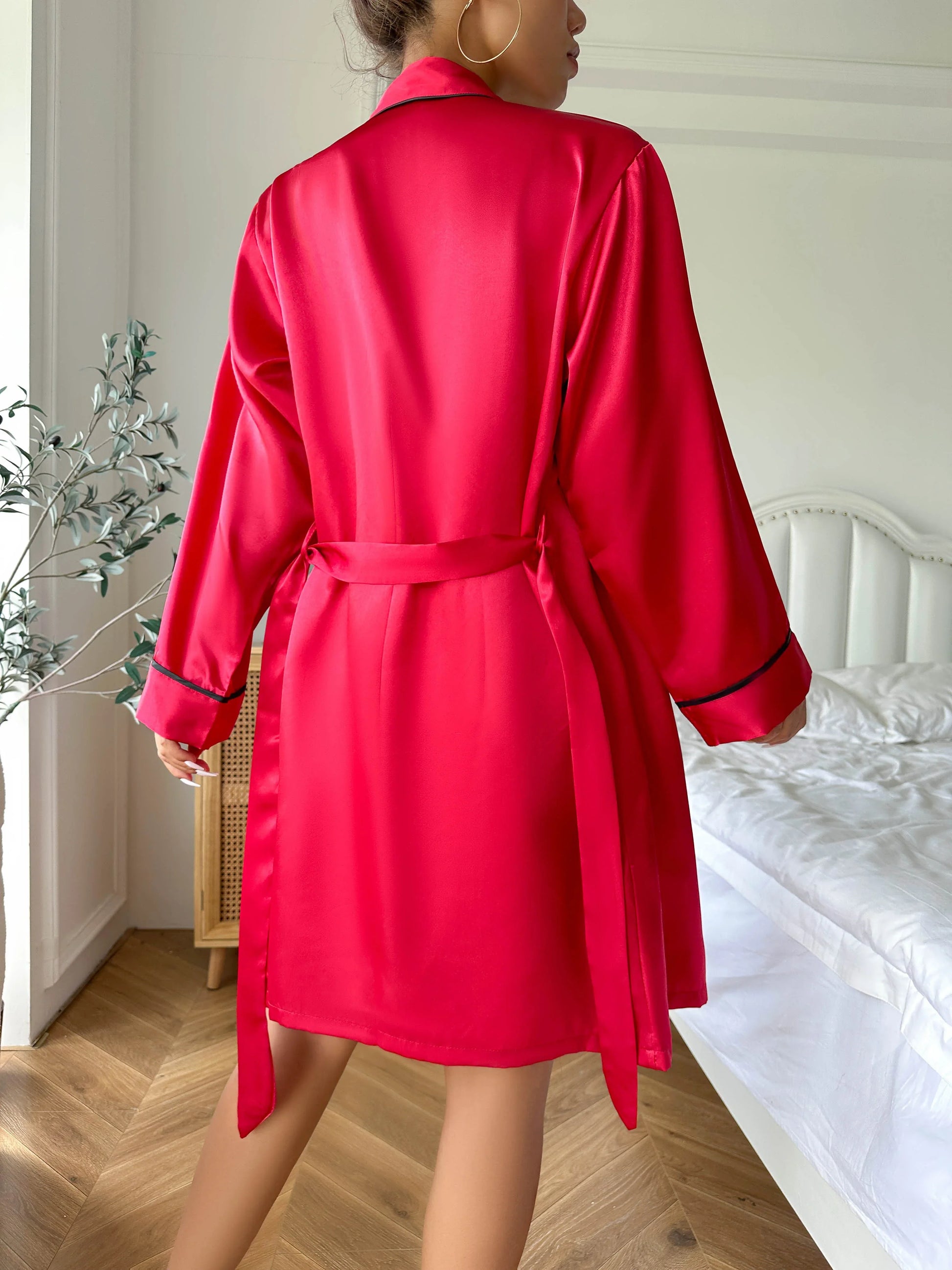 Sleepwear- Elegant Nightwear Trio: Satin Robe, Cami Top & Shorts- - IndioGear Women Clothing