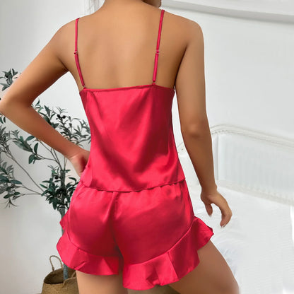 Sleepwear- Elegant Nightwear Trio: Satin Robe, Cami Top & Shorts- - IndioGear Women Clothing