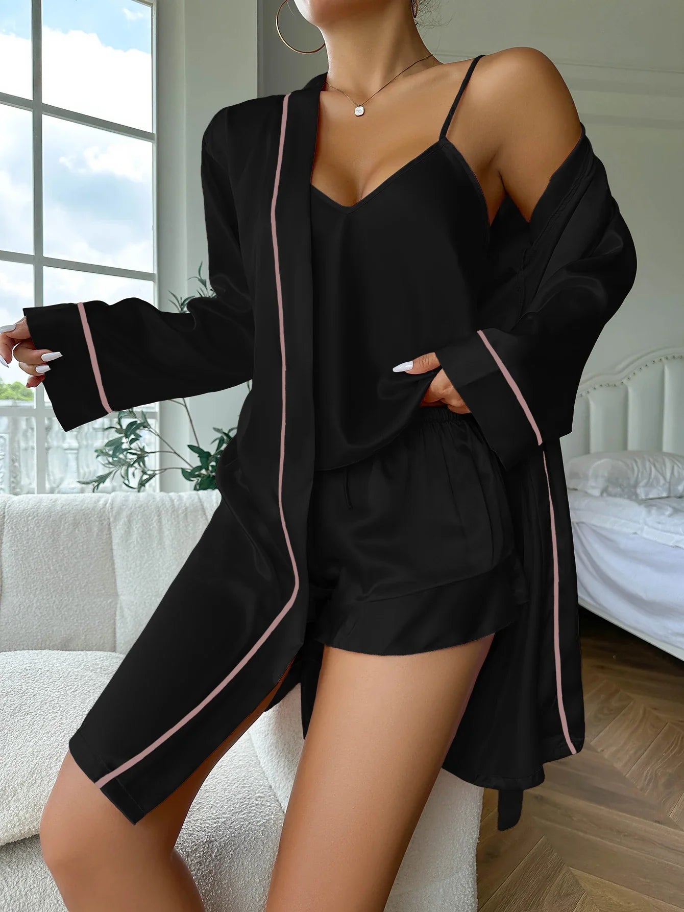 Sleepwear- Elegant Nightwear Trio: Satin Robe, Cami Top & Shorts- Black- IndioGear Women Clothing