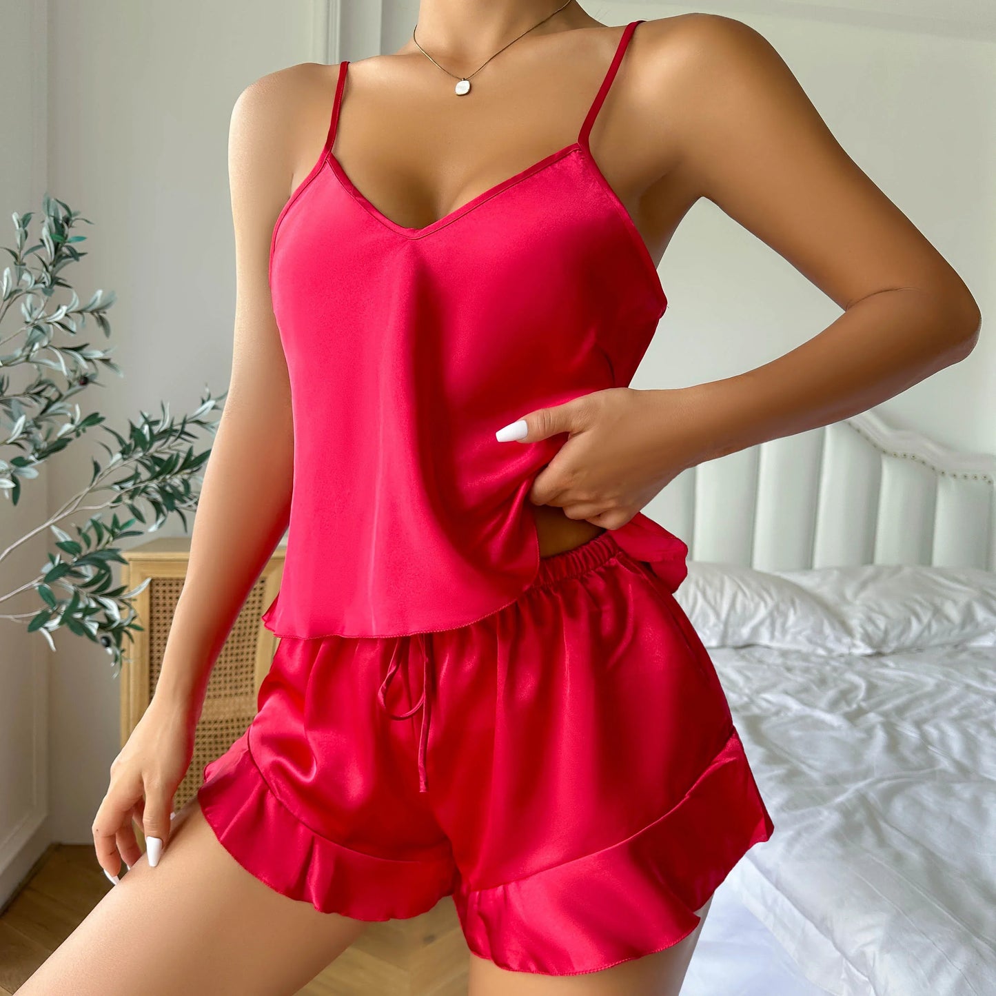 Sleepwear- Elegant Nightwear Trio: Satin Robe, Cami Top & Shorts- - IndioGear Women Clothing