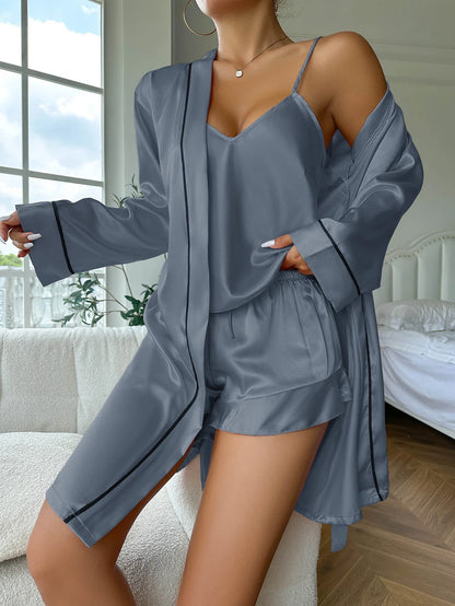 Sleepwear- Elegant Nightwear Trio: Satin Robe, Cami Top & Shorts- Gray- IndioGear Women Clothing