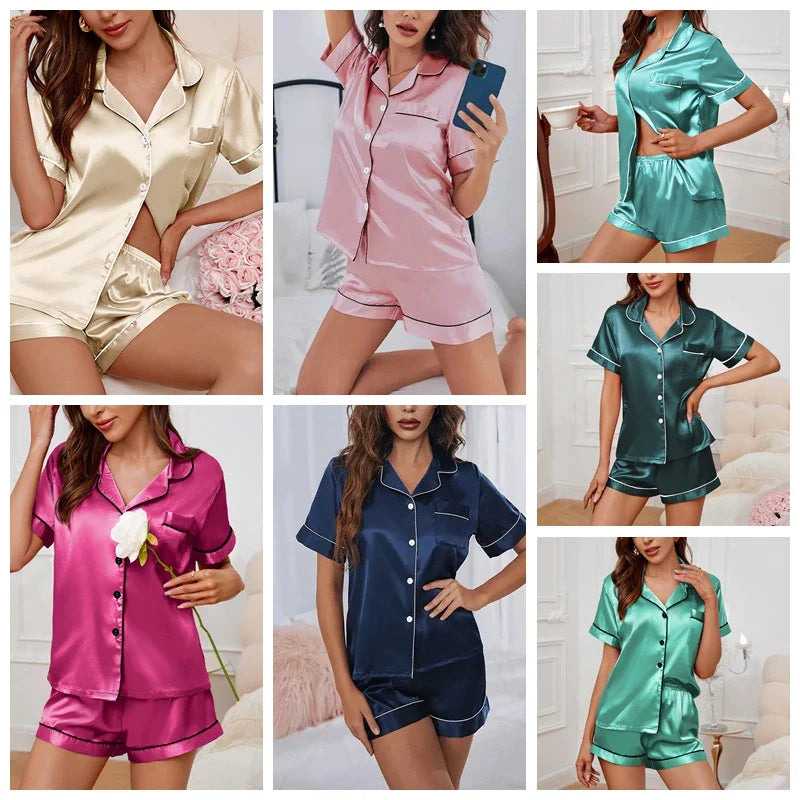 Sleepwear- Elegant Satin Pajama Top & Shorts Set – Lounge in Style- - IndioGear Women Clothing