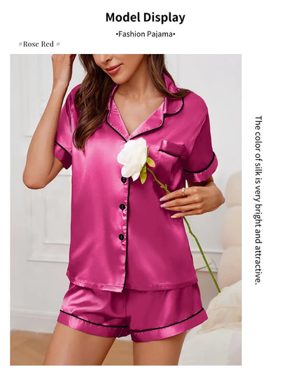 Sleepwear- Elegant Satin Pajama Top & Shorts Set – Lounge in Style- - IndioGear Women Clothing