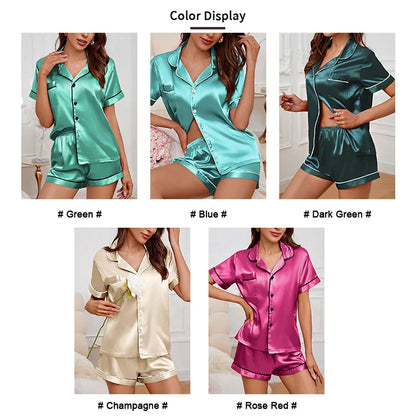 Sleepwear- Elegant Satin Pajama Top & Shorts Set – Lounge in Style- - IndioGear Women Clothing