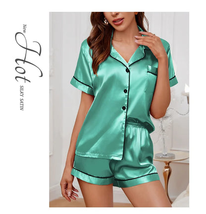 Sleepwear- Elegant Satin Pajama Top & Shorts Set – Lounge in Style- - IndioGear Women Clothing