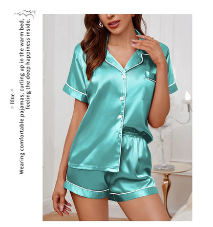 Sleepwear- Elegant Satin Pajama Top & Shorts Set – Lounge in Style- - IndioGear Women Clothing