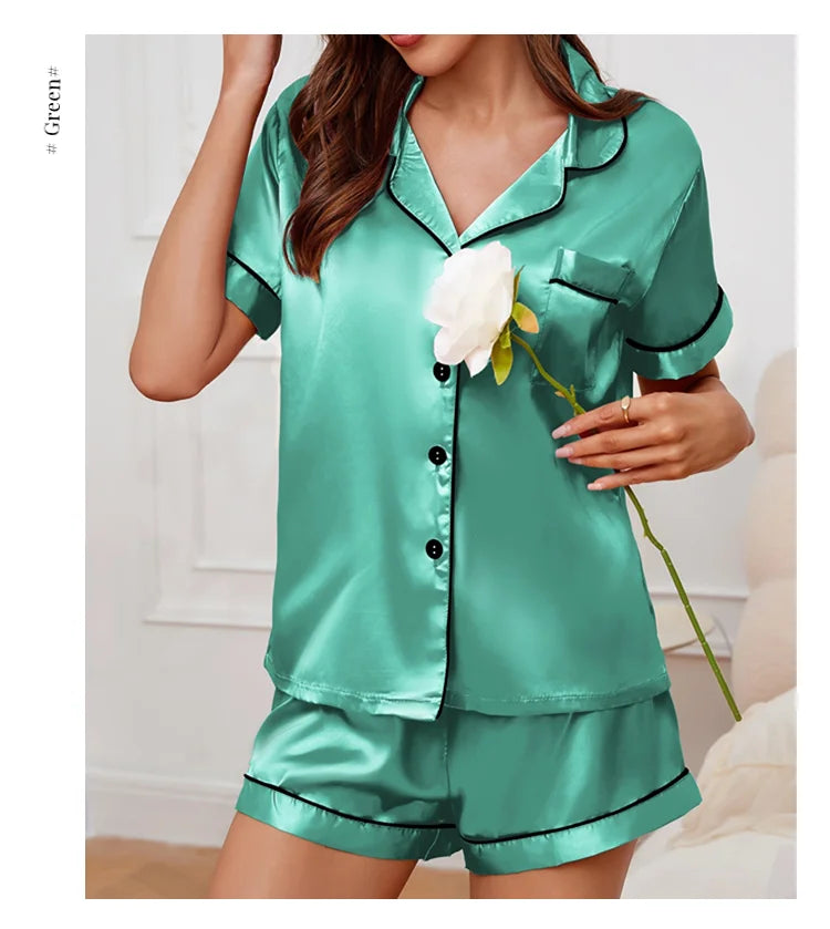 Sleepwear- Elegant Satin Pajama Top & Shorts Set – Lounge in Style- - IndioGear Women Clothing