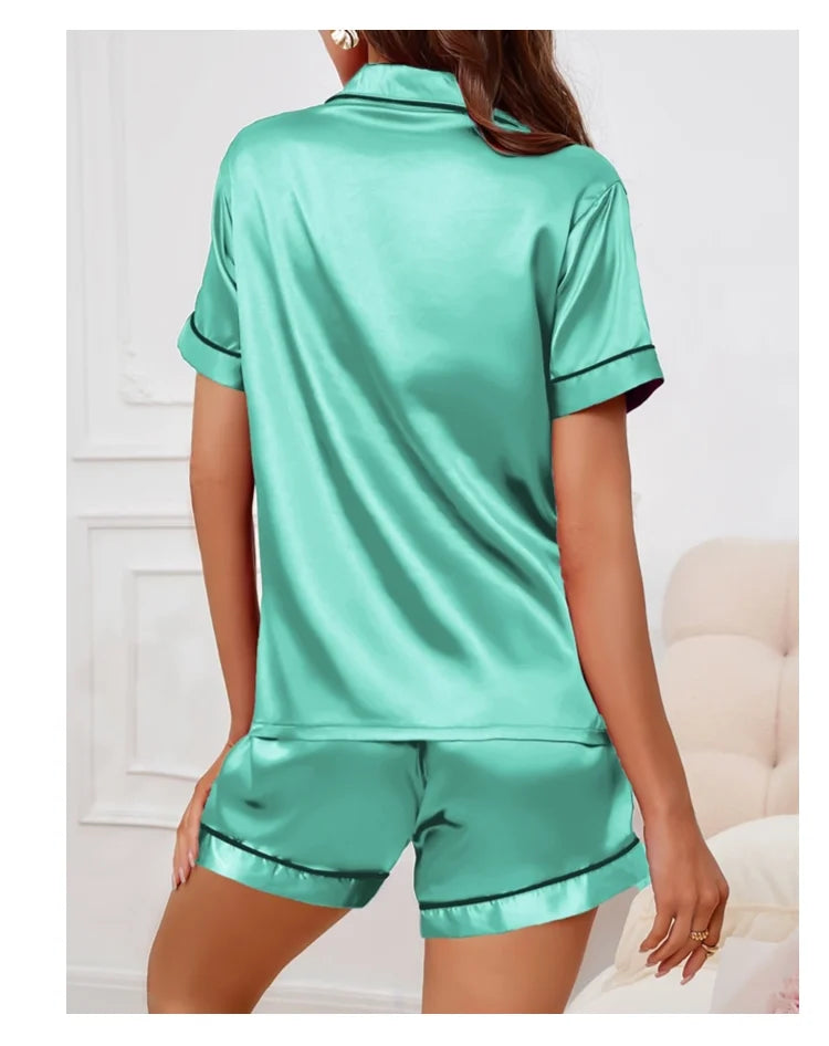 Sleepwear- Elegant Satin Pajama Top & Shorts Set – Lounge in Style- - IndioGear Women Clothing