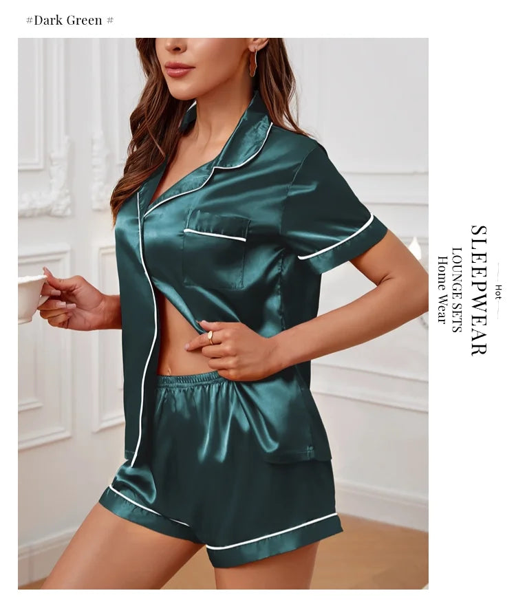 Sleepwear- Elegant Satin Pajama Top & Shorts Set – Lounge in Style- - IndioGear Women Clothing