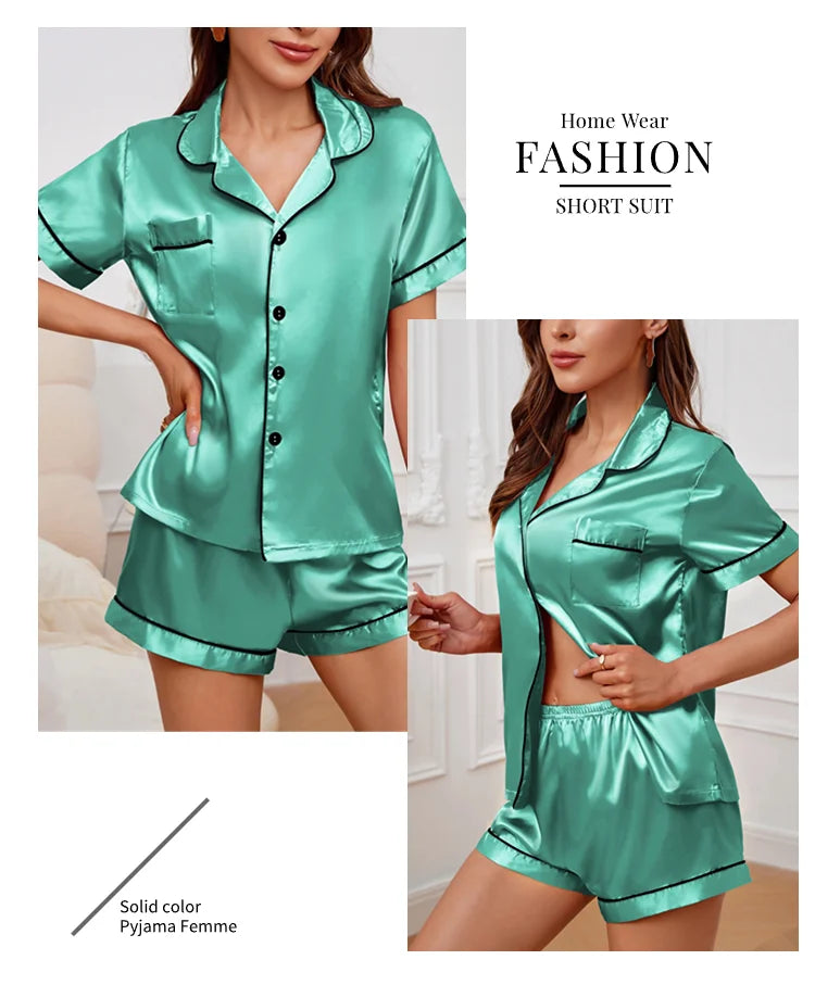 Sleepwear- Elegant Satin Pajama Top & Shorts Set – Lounge in Style- - IndioGear Women Clothing