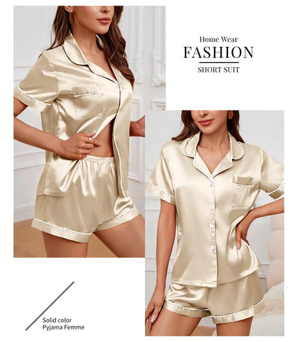 Sleepwear- Elegant Satin Pajama Top & Shorts Set – Lounge in Style- - IndioGear Women Clothing