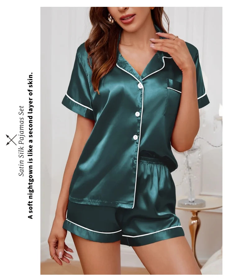 Sleepwear- Elegant Satin Pajama Top & Shorts Set – Lounge in Style- - IndioGear Women Clothing