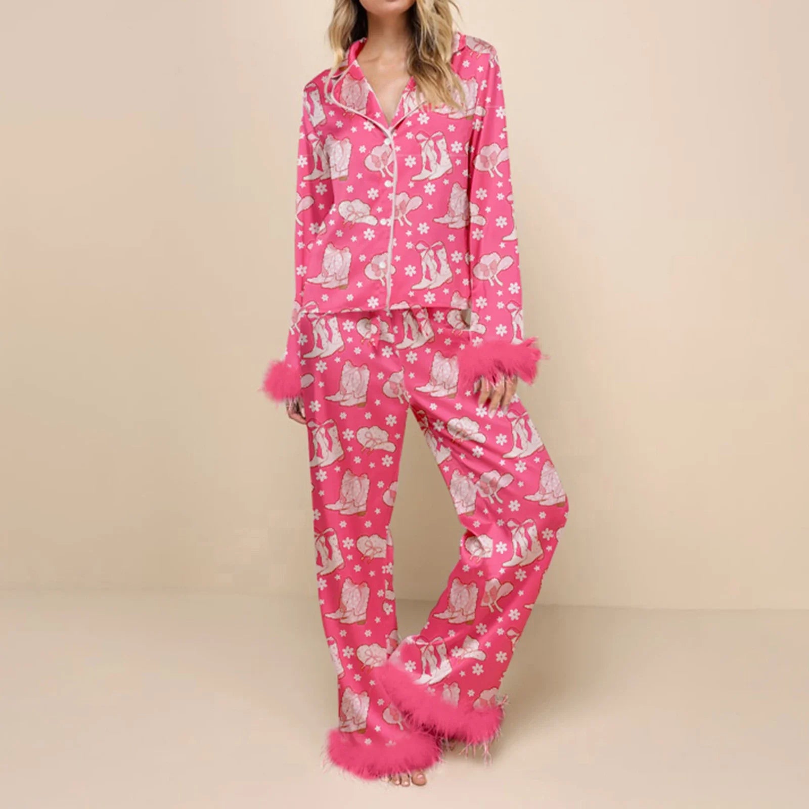 Sleepwear- Fur Trim Holiday PJs - Soft Satin 2-Piece Lounge Set- - IndioGear Women Clothing