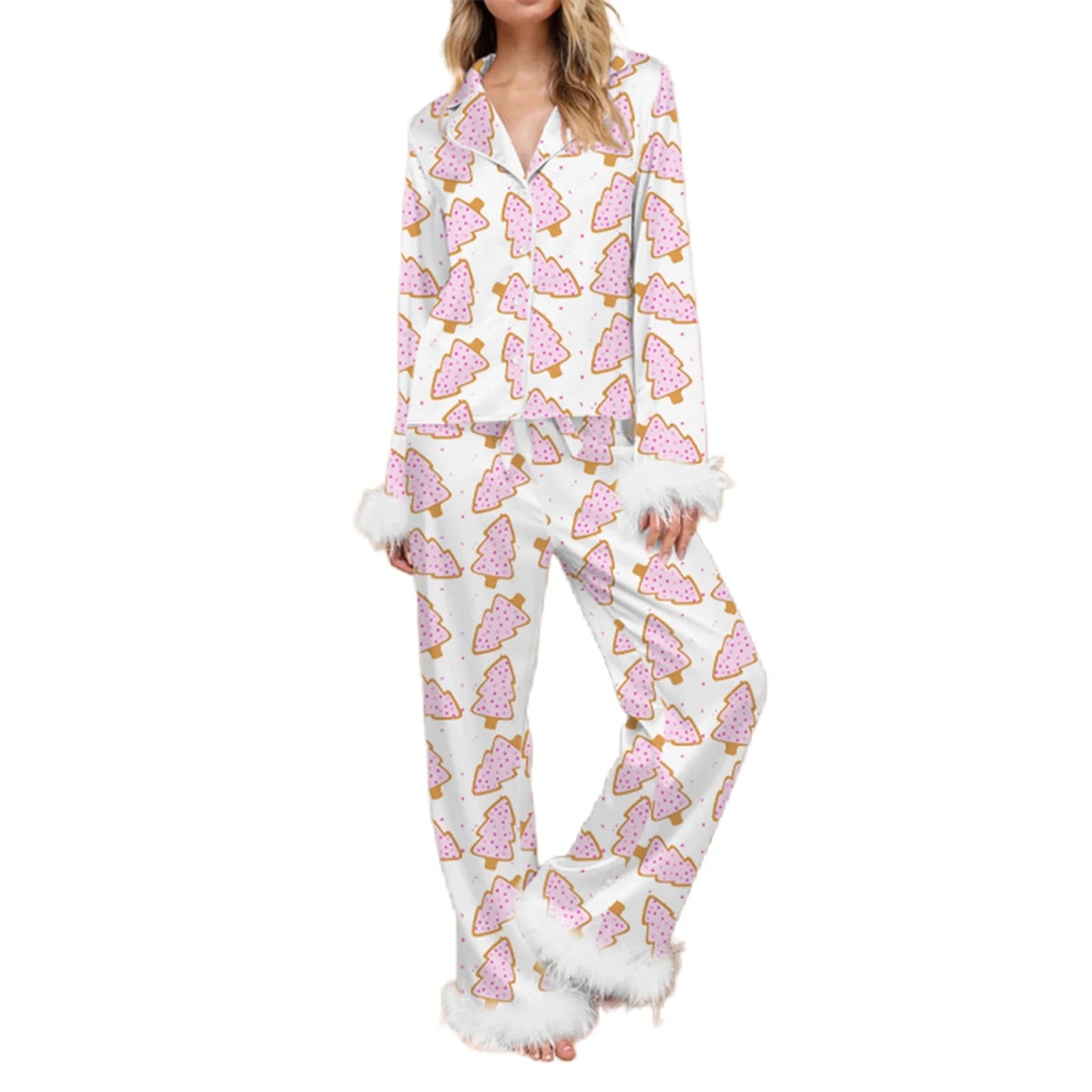 Sleepwear- Fur Trim Holiday PJs - Soft Satin 2-Piece Lounge Set- White- IndioGear Women Clothing