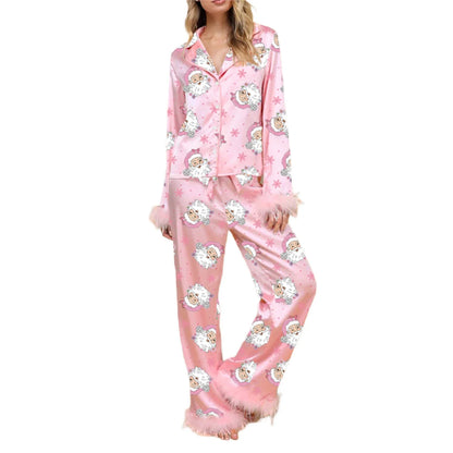 Sleepwear- Fur Trim Holiday PJs - Soft Satin 2-Piece Lounge Set- Sunset Pink- IndioGear Women Clothing