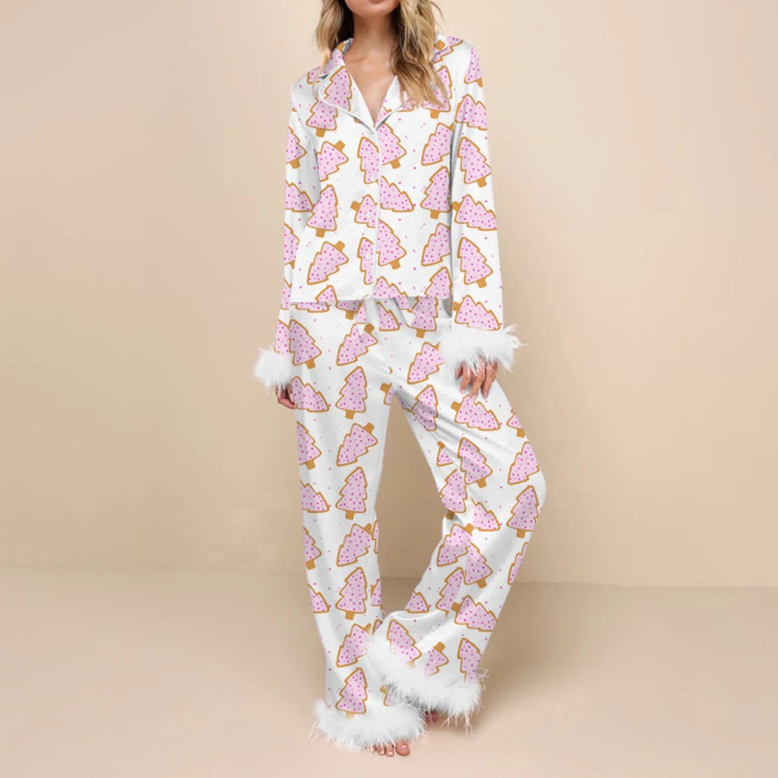 Sleepwear- Fur Trim Holiday PJs - Soft Satin 2-Piece Lounge Set- - IndioGear Women Clothing