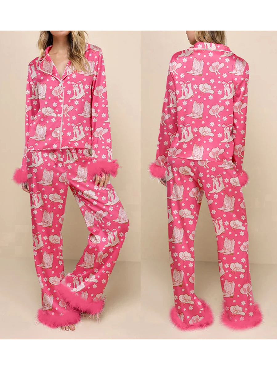 Sleepwear- Fur Trim Holiday PJs - Soft Satin 2-Piece Lounge Set- - IndioGear Women Clothing