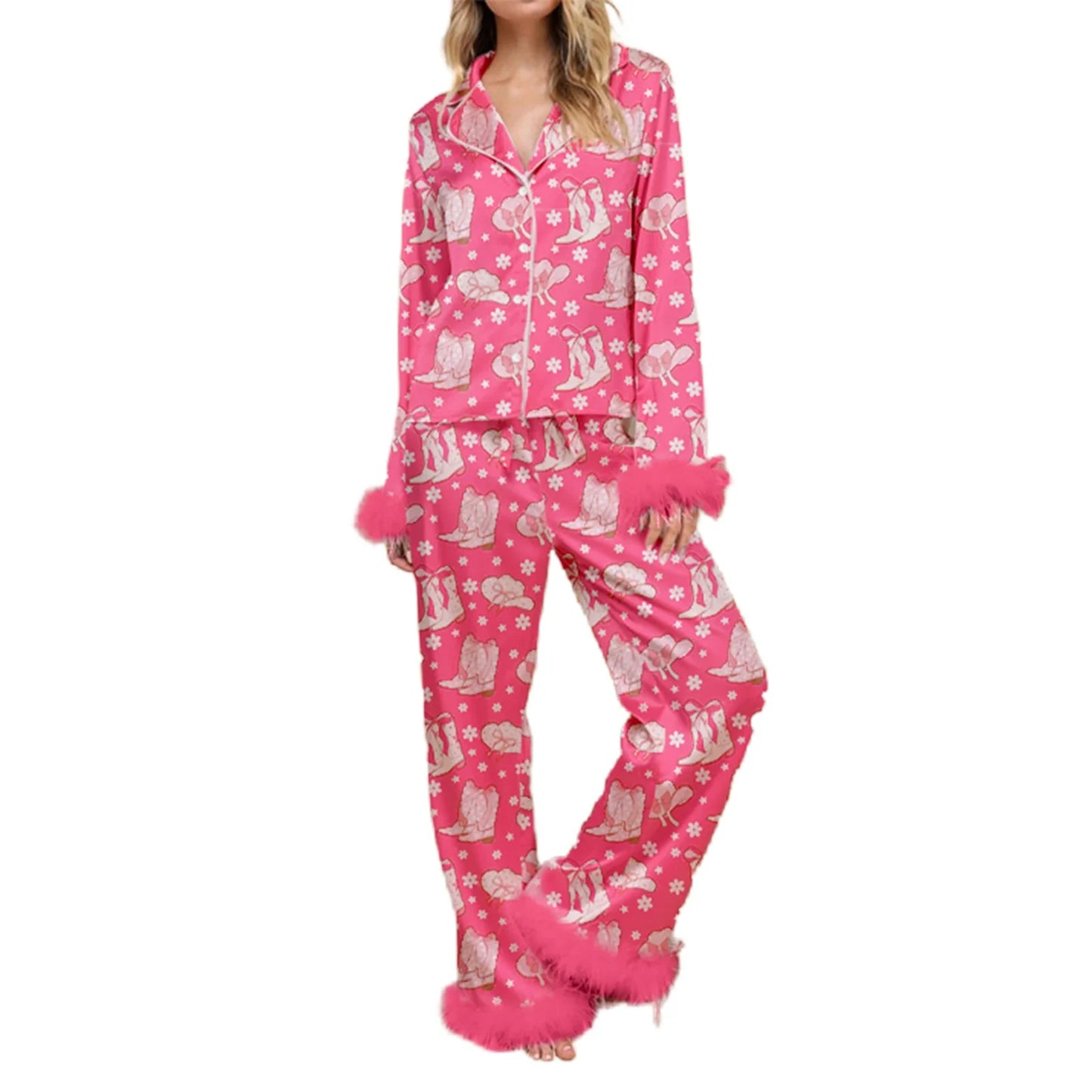 Sleepwear- Fur Trim Holiday PJs - Soft Satin 2-Piece Lounge Set- Pink Sherbet- IndioGear Women Clothing