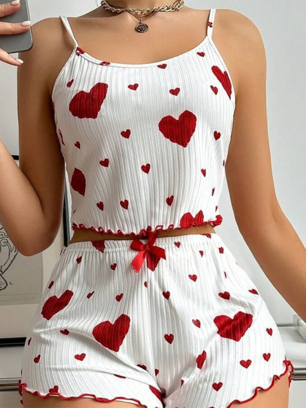 Sleepwear- Heart Print Crop Top & Shorts Set - From Daywear to Nightwear- White- IndioGear.com