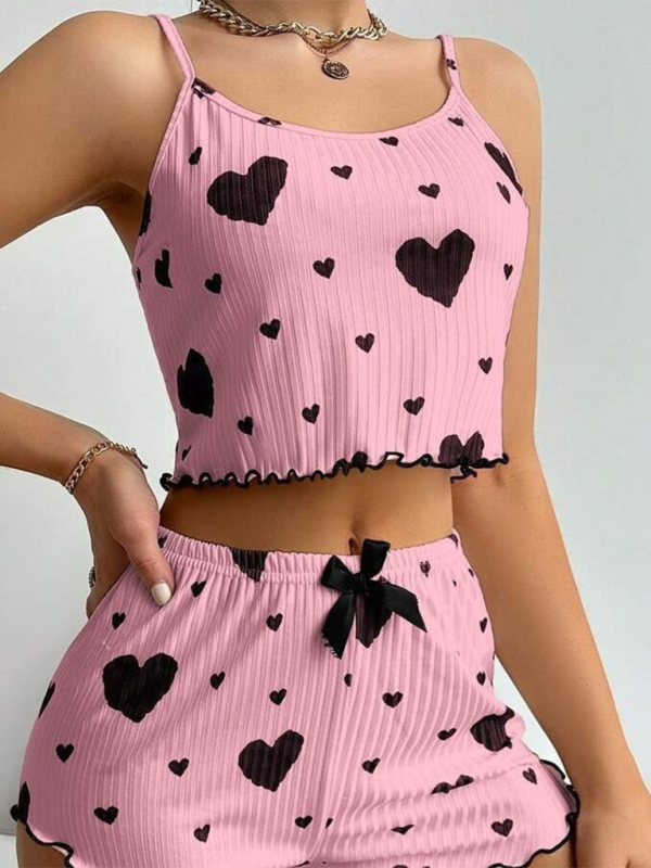 Sleepwear- Heart Print Crop Top & Shorts Set - From Daywear to Nightwear- Pink- IndioGear.com