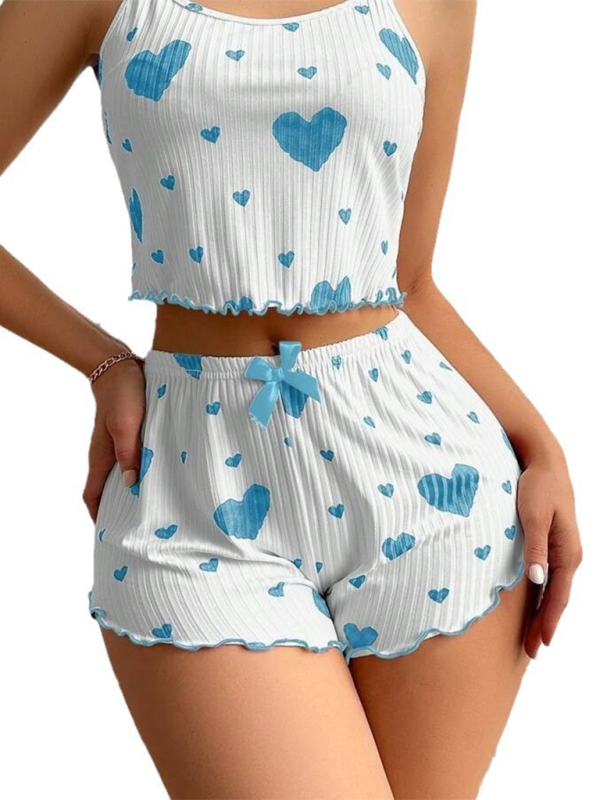 Sleepwear- Heart Print Crop Top & Shorts Set - From Daywear to Nightwear- - IndioGear.com