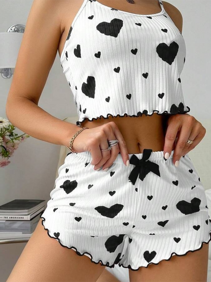 Sleepwear- Heart Print Crop Top & Shorts Set - From Daywear to Nightwear- - IndioGear.com