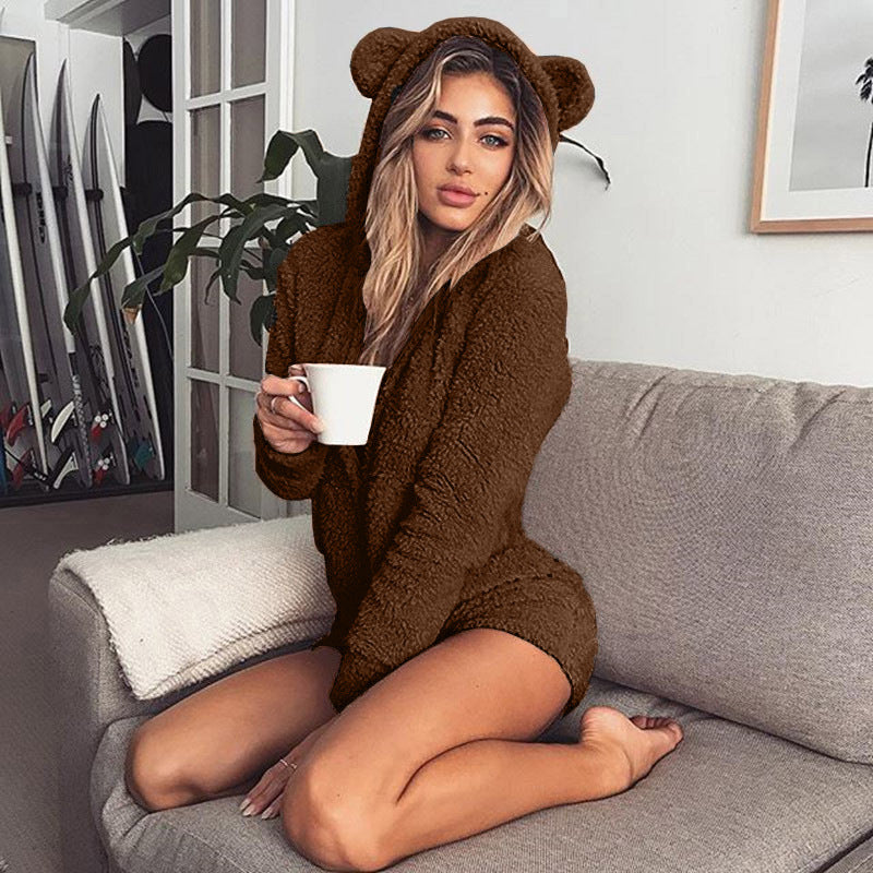 Sleepwear & Loungewear- Plush Youthful Teddy Bear Hooded Romper - Loungewear- Brown- IndioGear Women Clothing