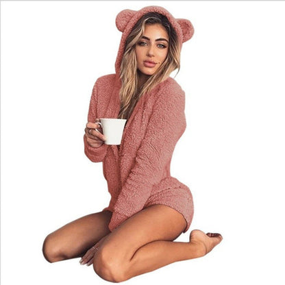 Sleepwear & Loungewear- Plush Youthful Teddy Bear Hooded Romper - Loungewear- - IndioGear Women Clothing