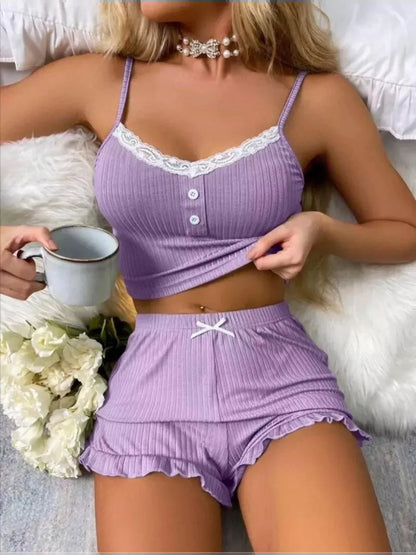 Sleepwear- Night Whisper Ribbed Two-Piece Sleepwear- Lavender Earl- IndioGear Women Clothing