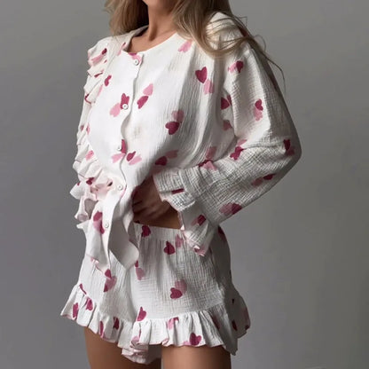 Sleepwear- Ruffle Trimmed Cotton PJs for Relaxing- white- IndioGear Women Clothing