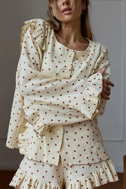 Sleepwear- Ruffle Trimmed Cotton PJs for Relaxing- - IndioGear Women Clothing