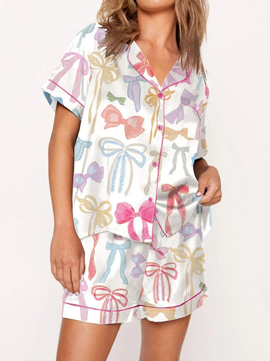 Sleepwear- Satin Nightwear Women's Clothing Print Pajama Matching Set with Shorts & Shirts- - IndioGear Fashion and Gear