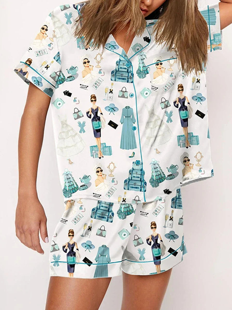 Sleepwear- Satin Nightwear Women's Clothing Print Pajama Matching Set with Shorts & Shirts- - IndioGear Fashion and Gear