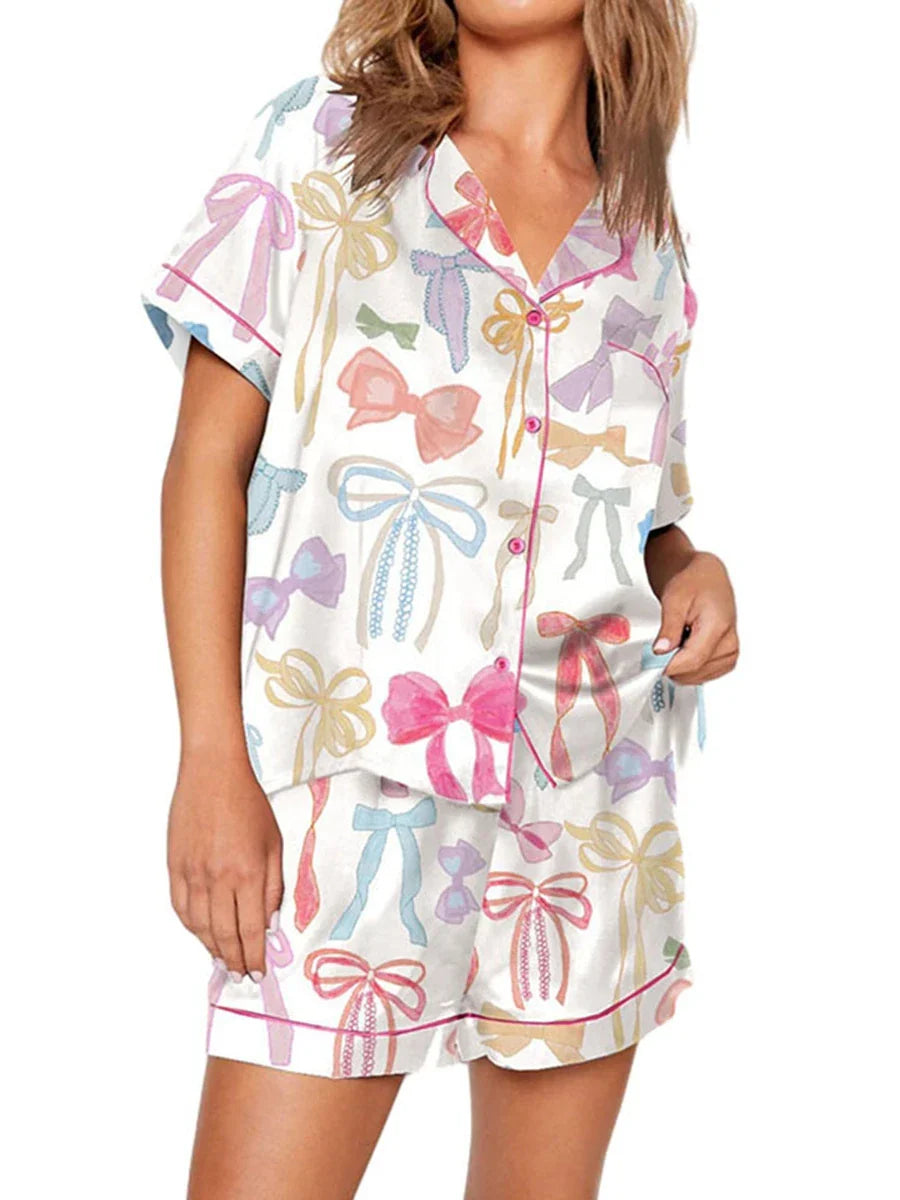 Sleepwear- Satin Nightwear Women's Clothing Print Pajama Matching Set with Shorts & Shirts- - IndioGear Fashion and Gear