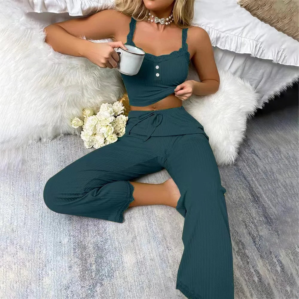 Sleepwear- Serene Comfort Cami Top + Pants Loungewear- forest green- IndioGear Women Clothing