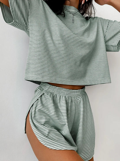 Sleepwear- Striped Serenity Sleepwear Set- Green- IndioGear Women Clothing