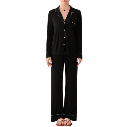 Sleepwear- Black Pajama Set with White Piping Trim- Black- IndioGear Women Clothing