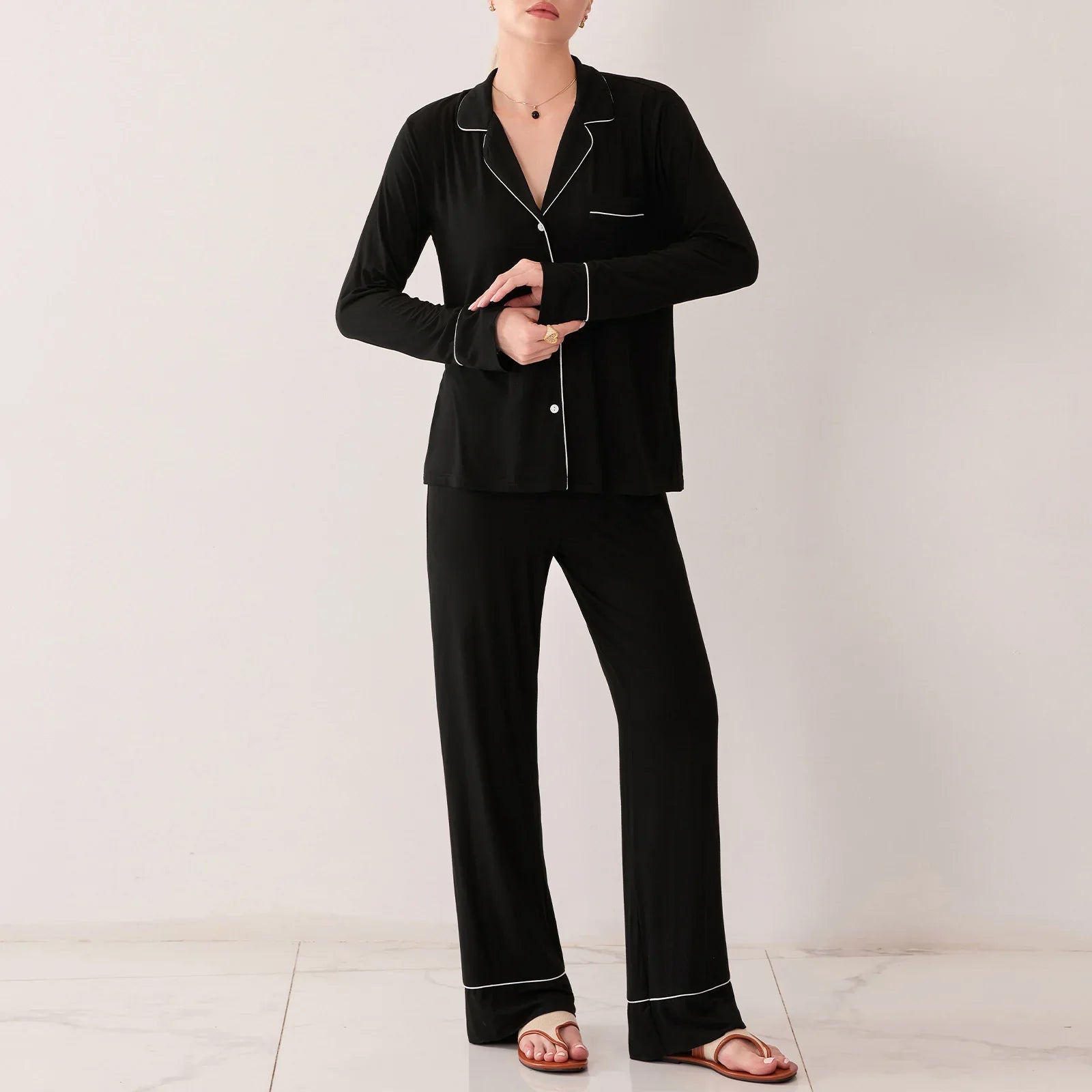 Sleepwear- Black Pajama Set with White Piping Trim- - IndioGear Women Clothing