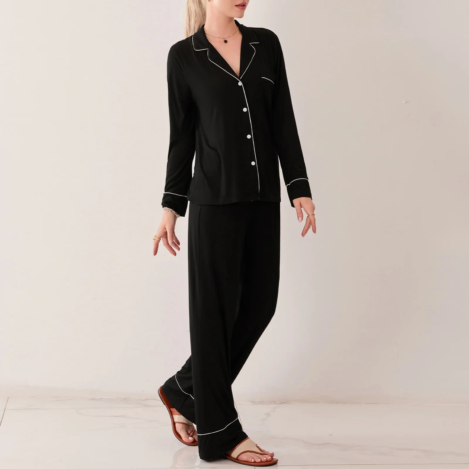 Sleepwear- Black Pajama Set with White Piping Trim- - IndioGear Women Clothing