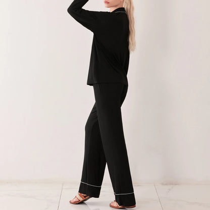 Sleepwear- Black Pajama Set with White Piping Trim- - IndioGear Women Clothing