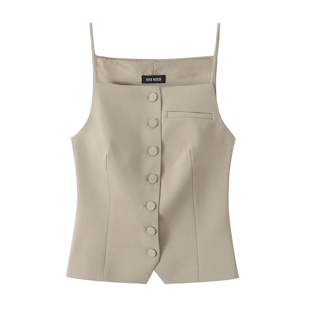 Sleeveless Blouses- Business Casual Sleeveless Top Structured Blouse- Khaki- IndioGear Women Clothing